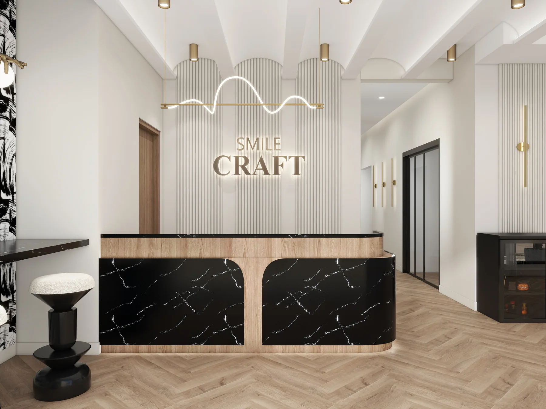 Design rendering: Frontal black veined reception desk beneath Smile Craft lettering.