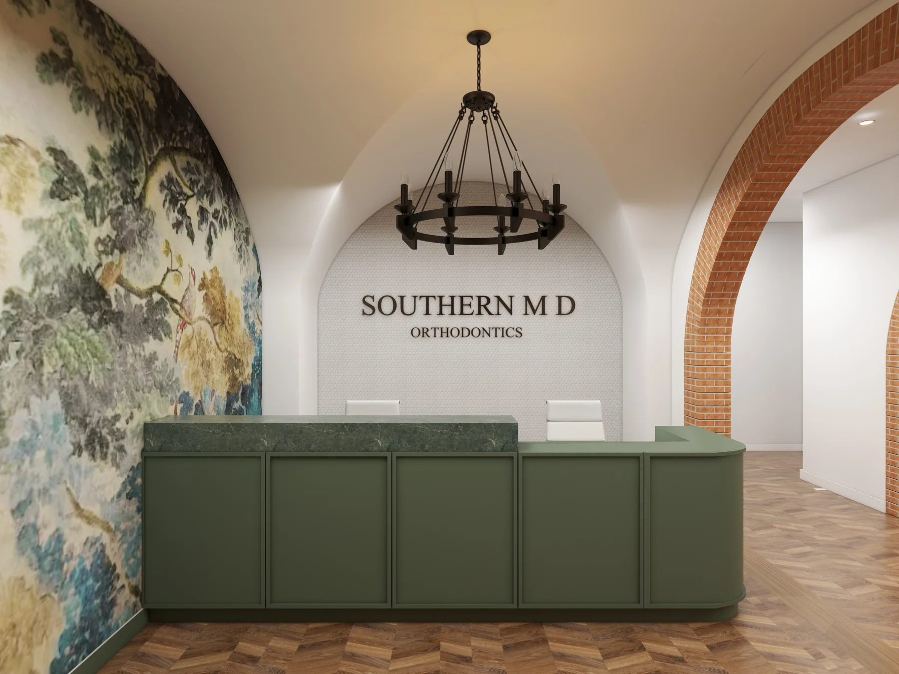 Design rendering: Green reception desk, brand lettering, landscape wallcovering, and chandelier.