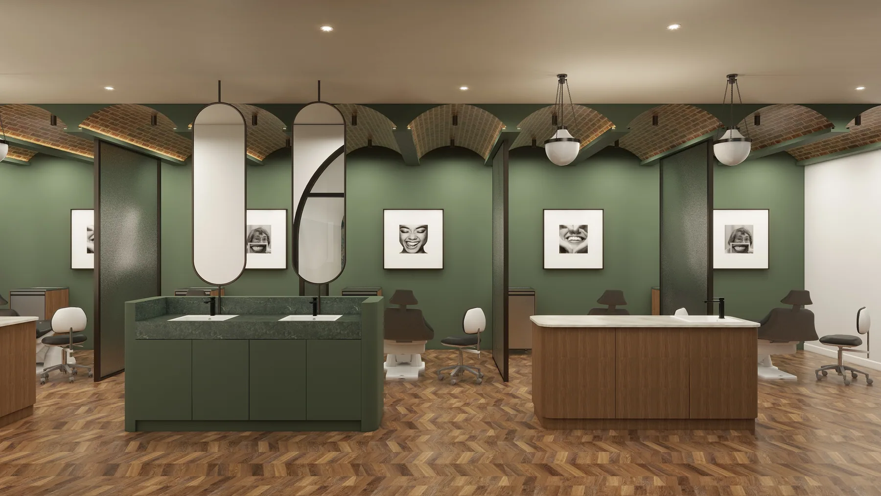 Design rendering: Wide open treatment area with central sinks and repeated chair bays.