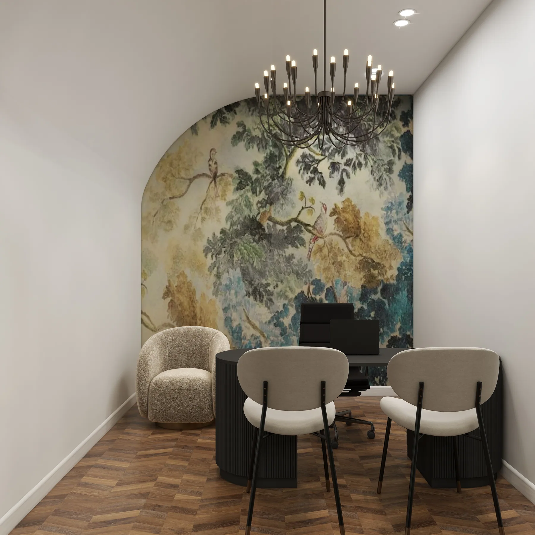 Design rendering: Consultation room with patterned arched wall and small table.
