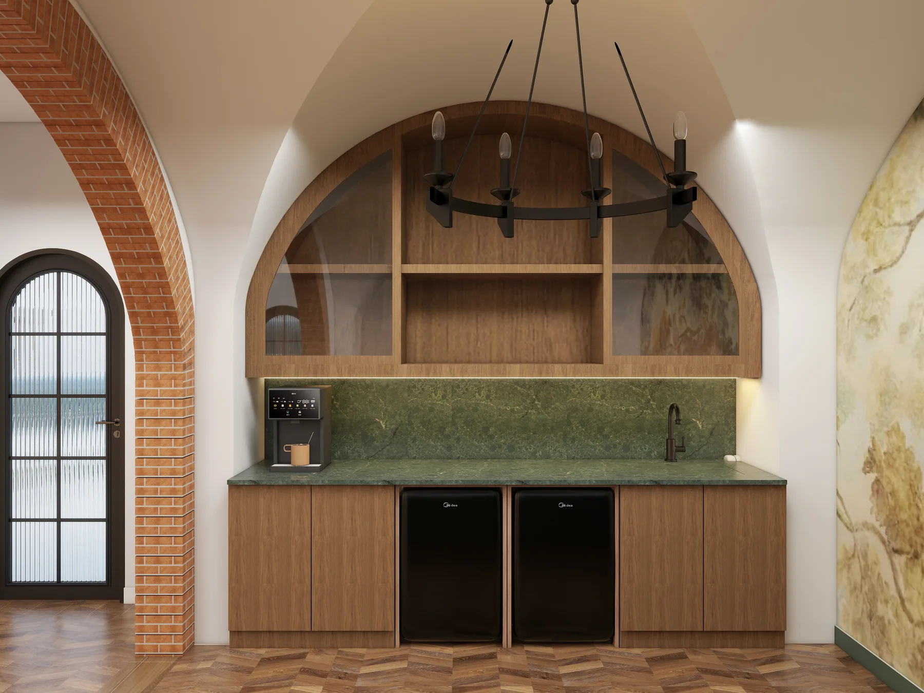 Design rendering: Beverage niche within brick-edged arch, with green backsplash and wood shelving.
