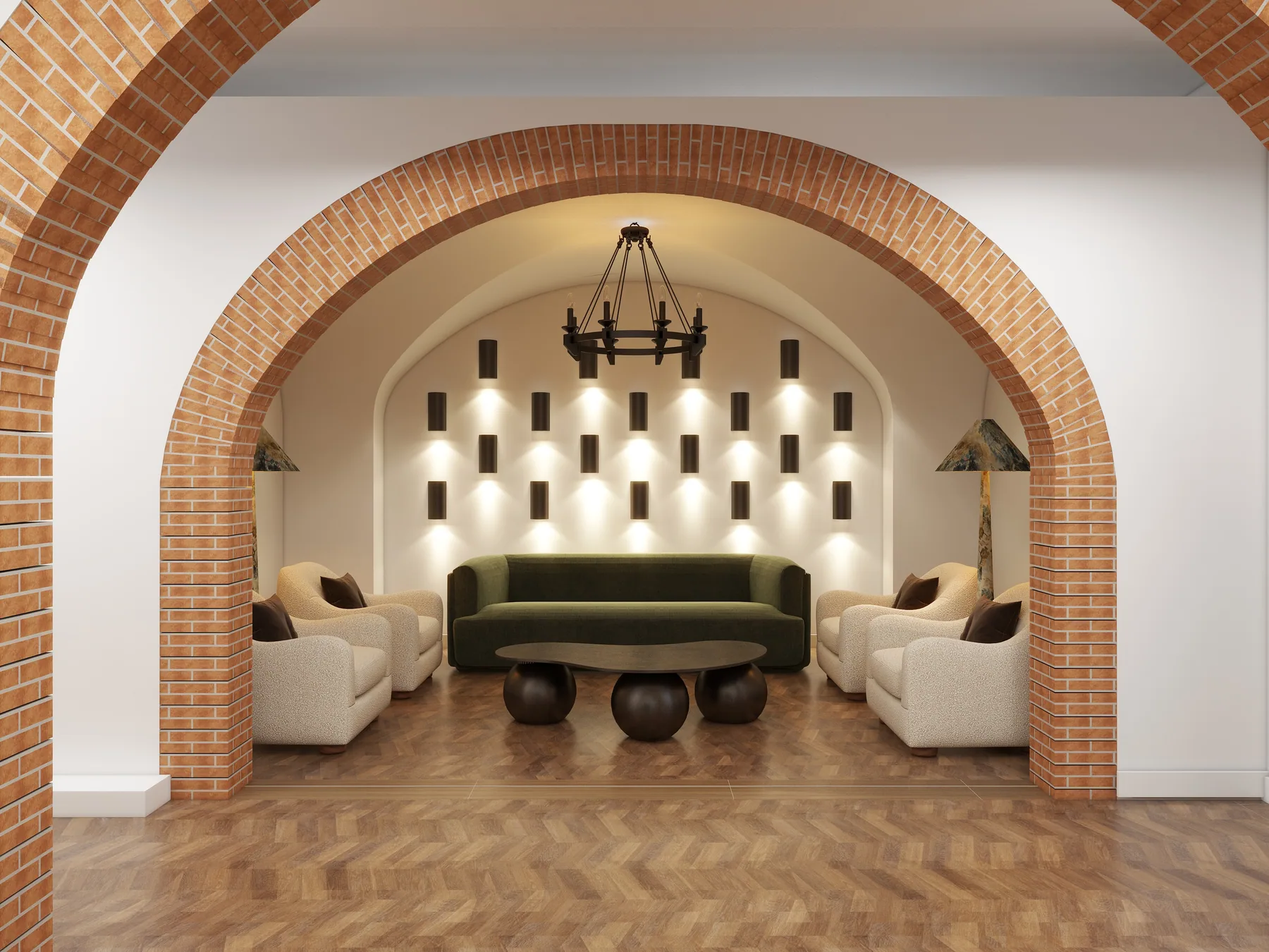 Design rendering: Symmetrical lounge framed by brick arch.