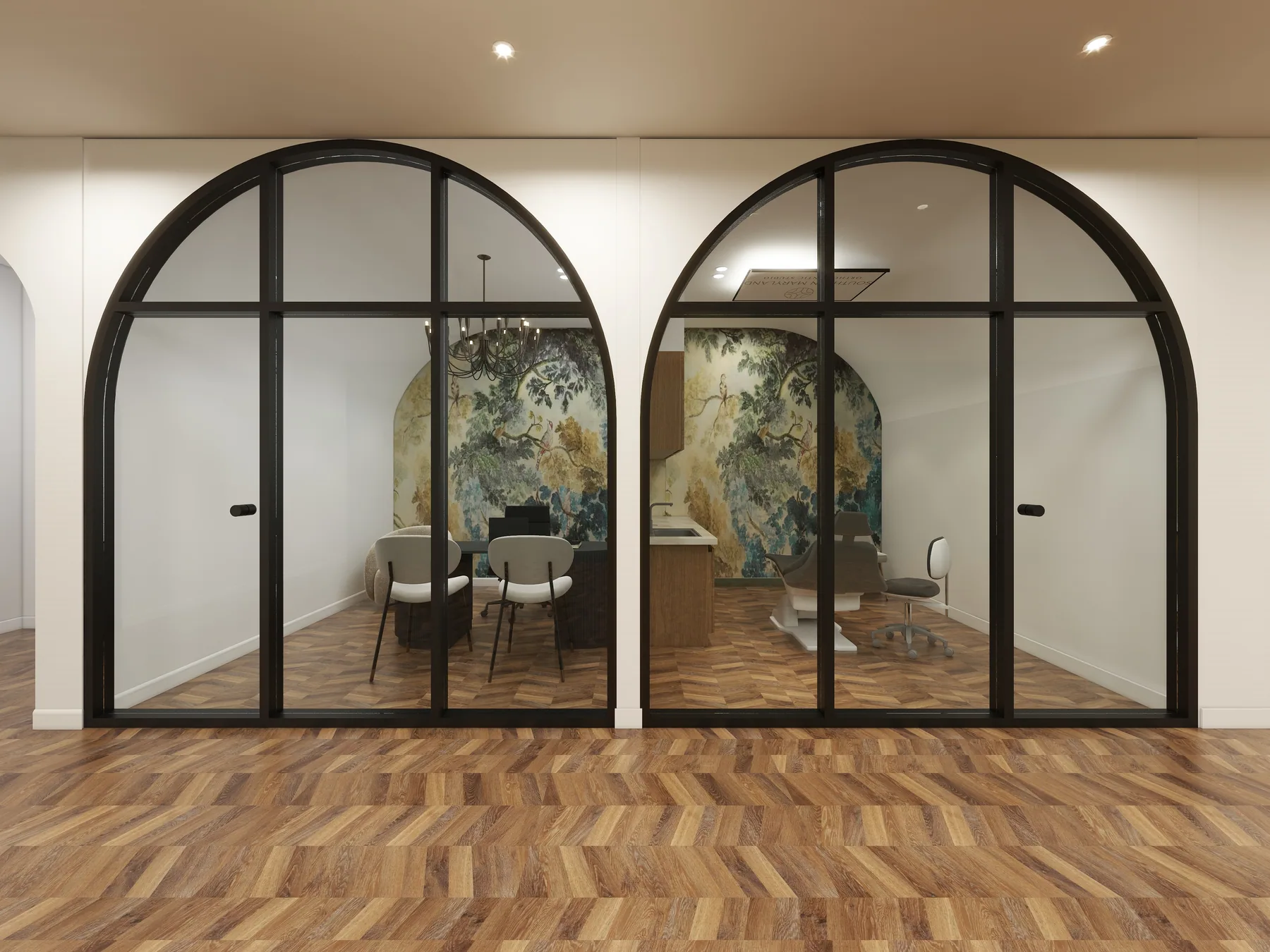 Design rendering: Twin black-framed arched glass room fronts.