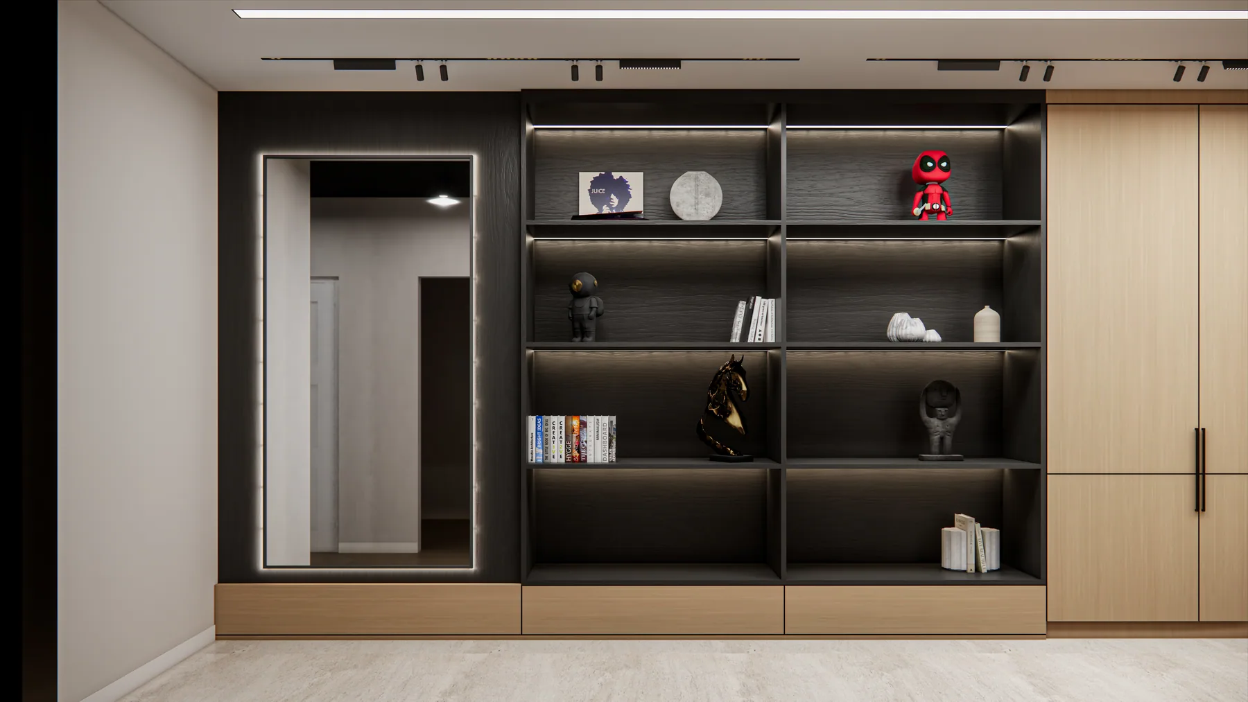 Design rendering: Pale timber wall with dark open display shelves, objects, and tall mirror.