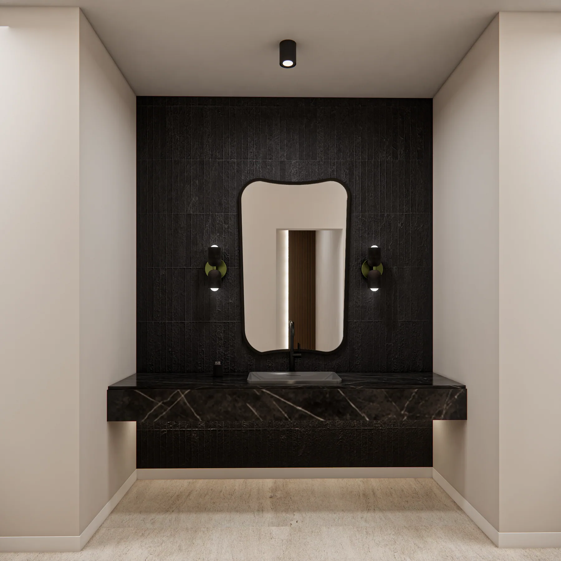 Design rendering: Dark floating washbasin and organic-shaped mirror in a pale alcove.