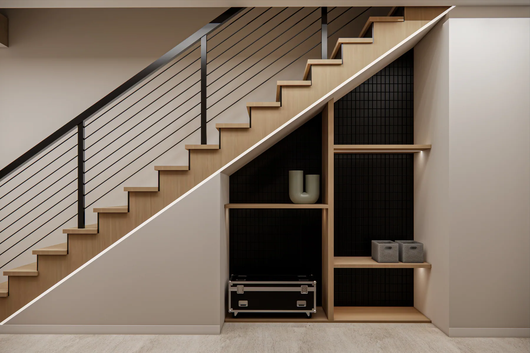Design rendering: Stair with dark railing and integrated under-stair shelving.