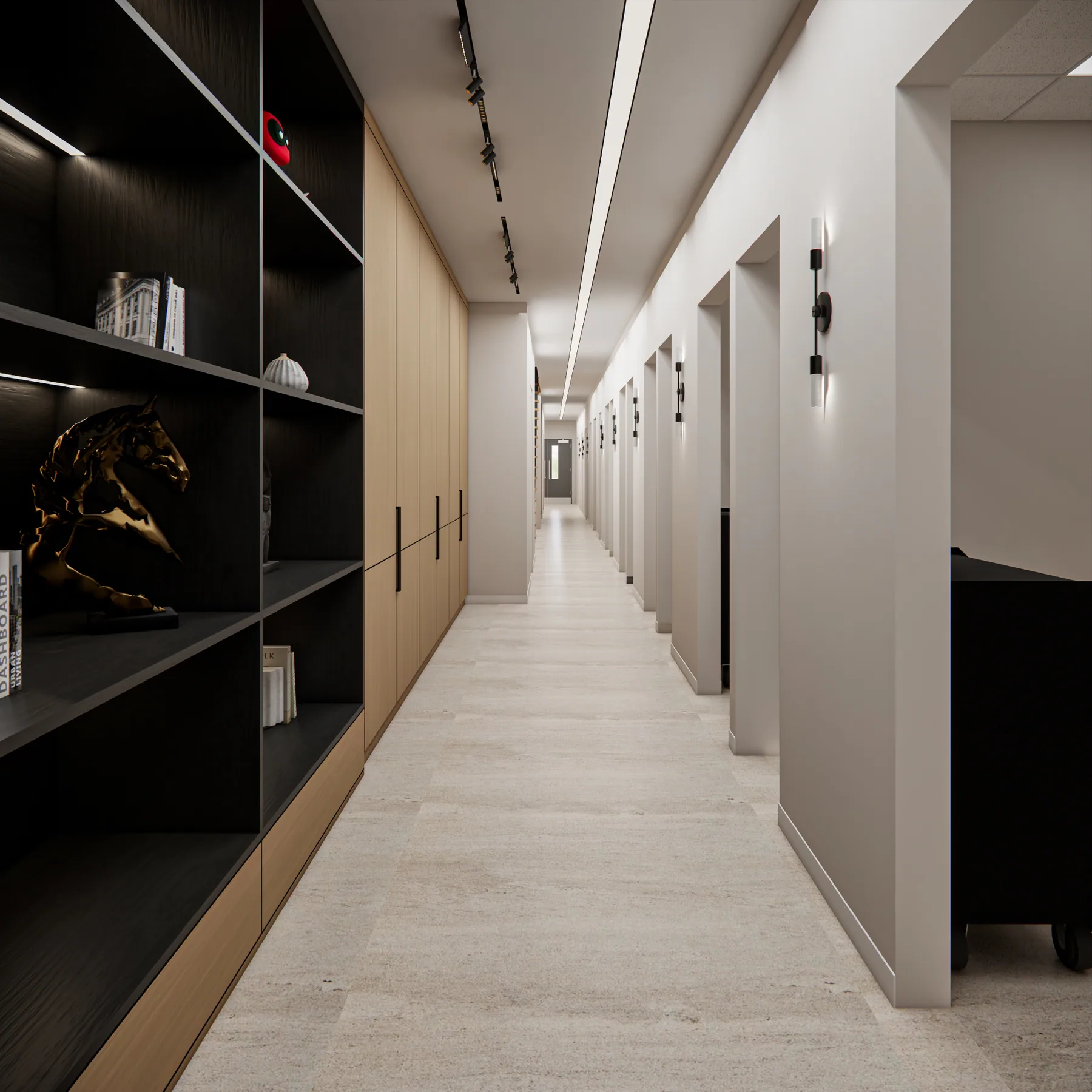 Design rendering: Long corridor beside dark display shelving and pale wall openings.