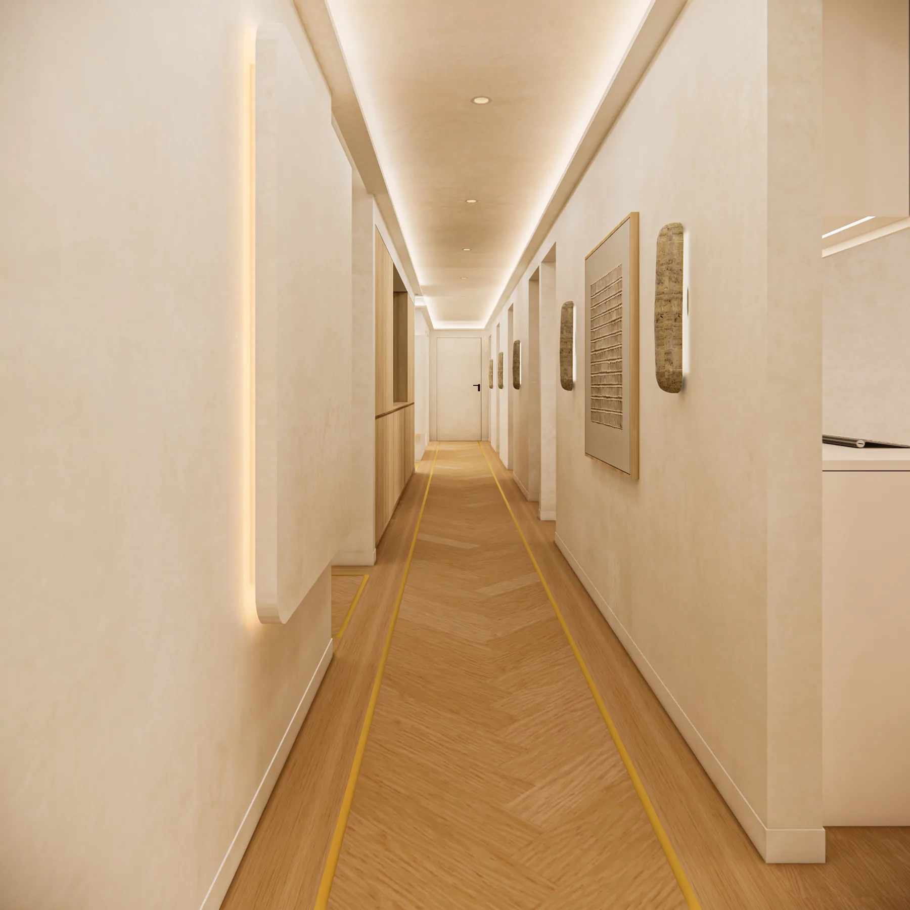 Design rendering: Long pale corridor with ceiling-edge lighting and herringbone floor.