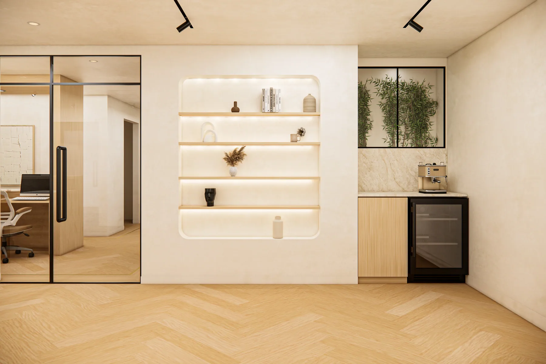 Design rendering: Rounded illuminated display niches and beverage niche beside glass room.