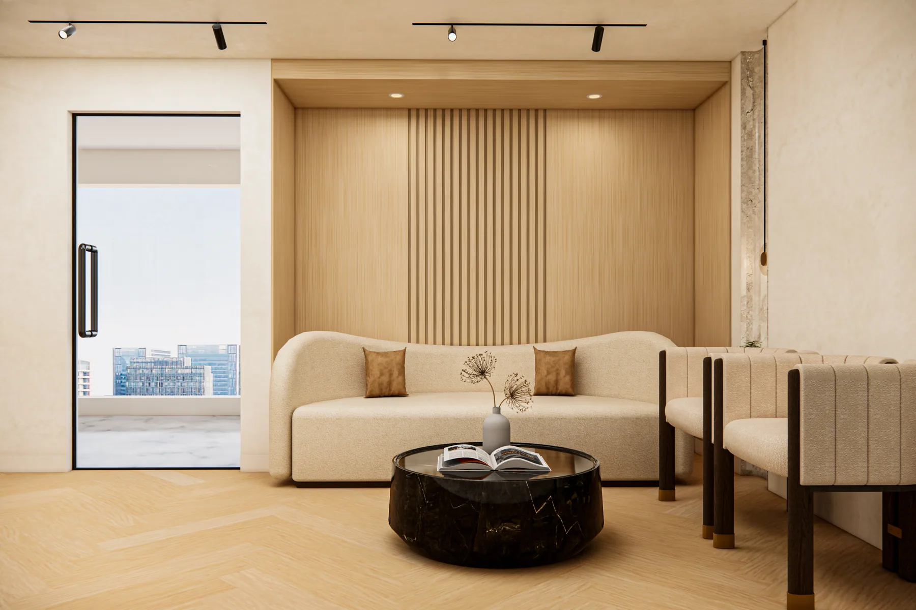 Design rendering: Curved pale sofa and dark round table against timber feature wall.