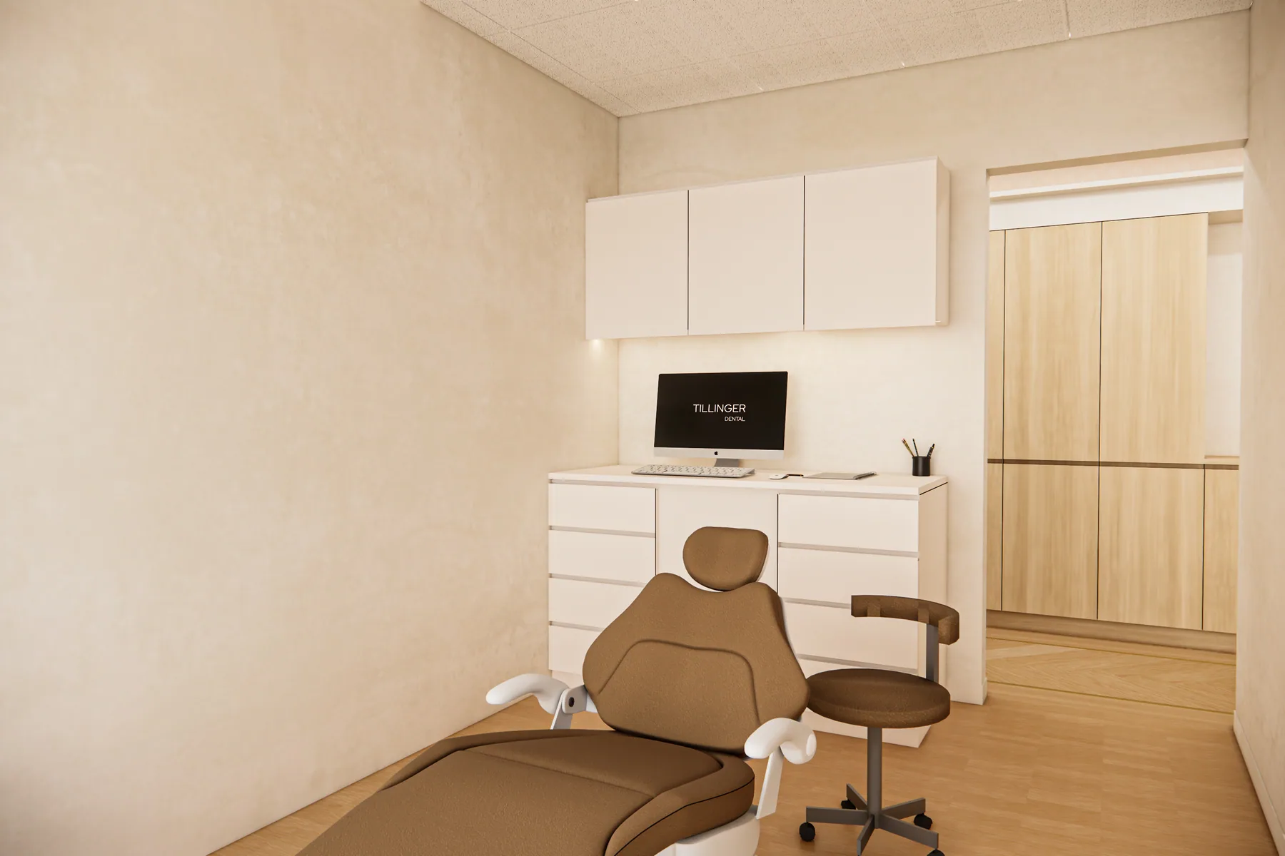 Design rendering: Dental treatment room with brown chair and white cabinetry.