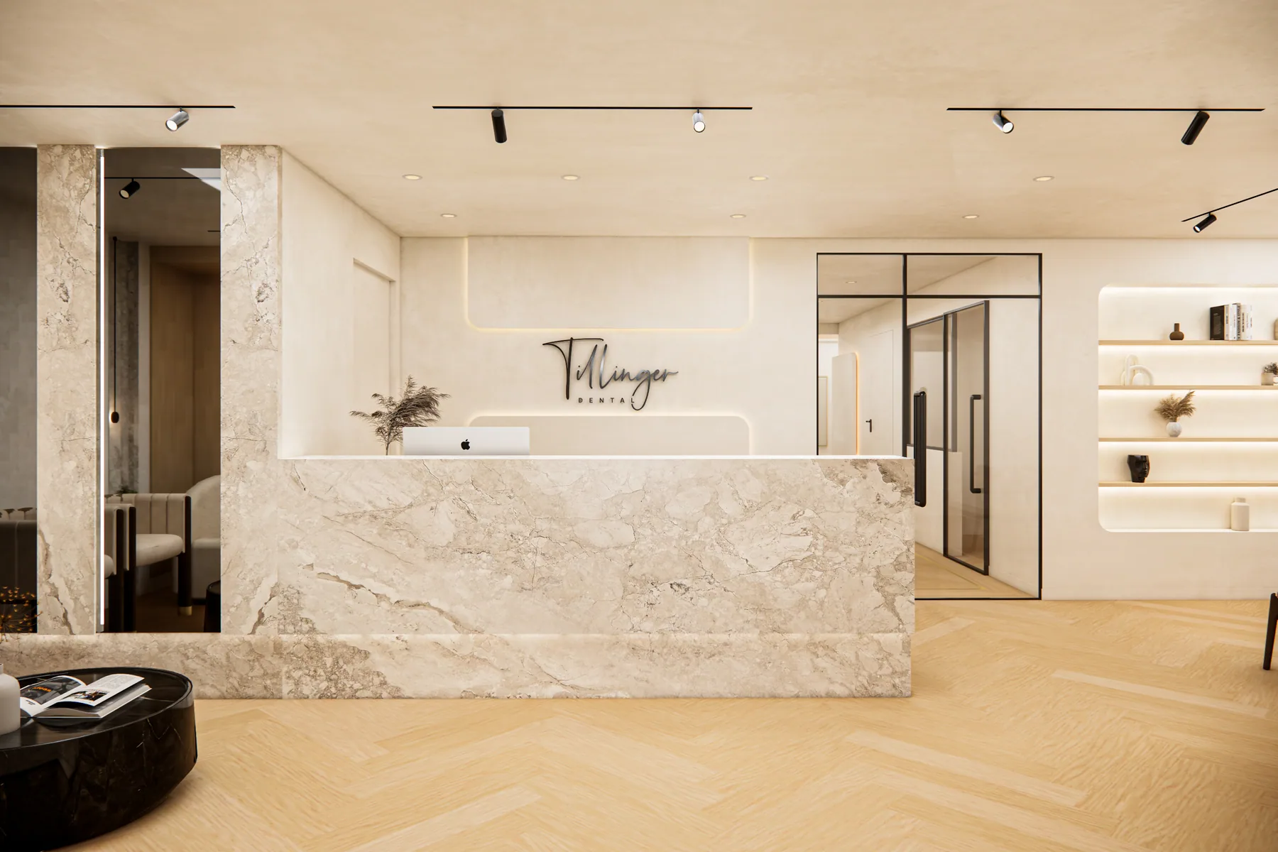 Design rendering: Wide frontal reception composition showing sign and niches.